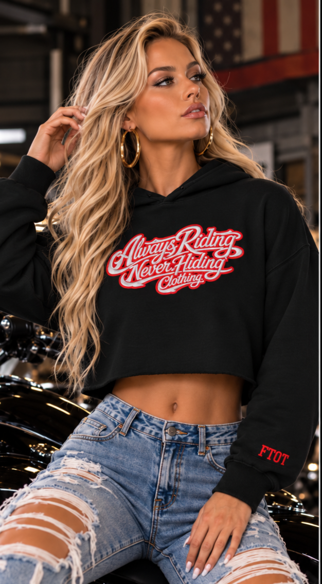 Always Riding Never Hiding — Women’s Embroidered Crop Hoodie